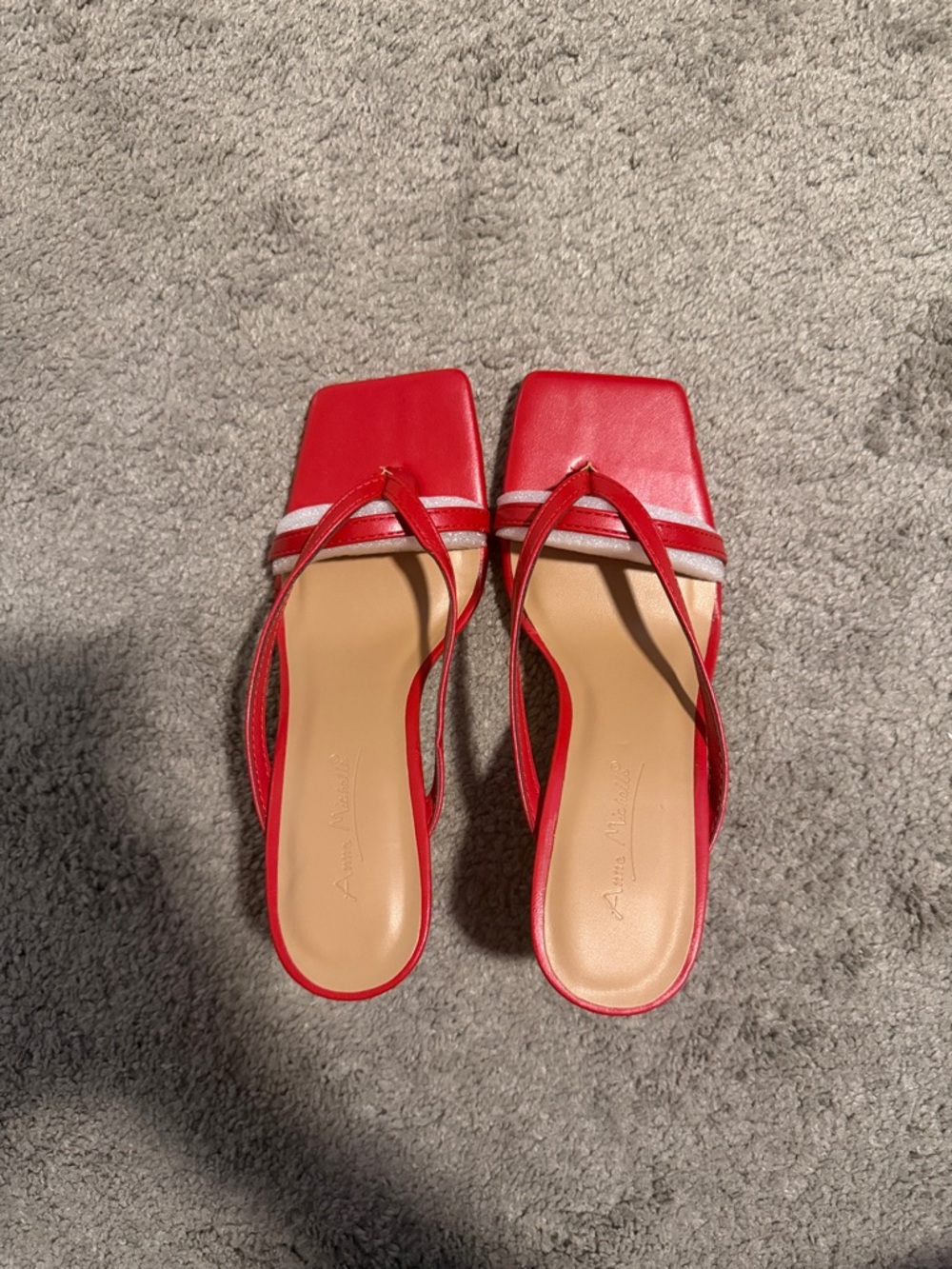Anne Michelle Red Square-Toe Slide Sandals with Silver Straps
